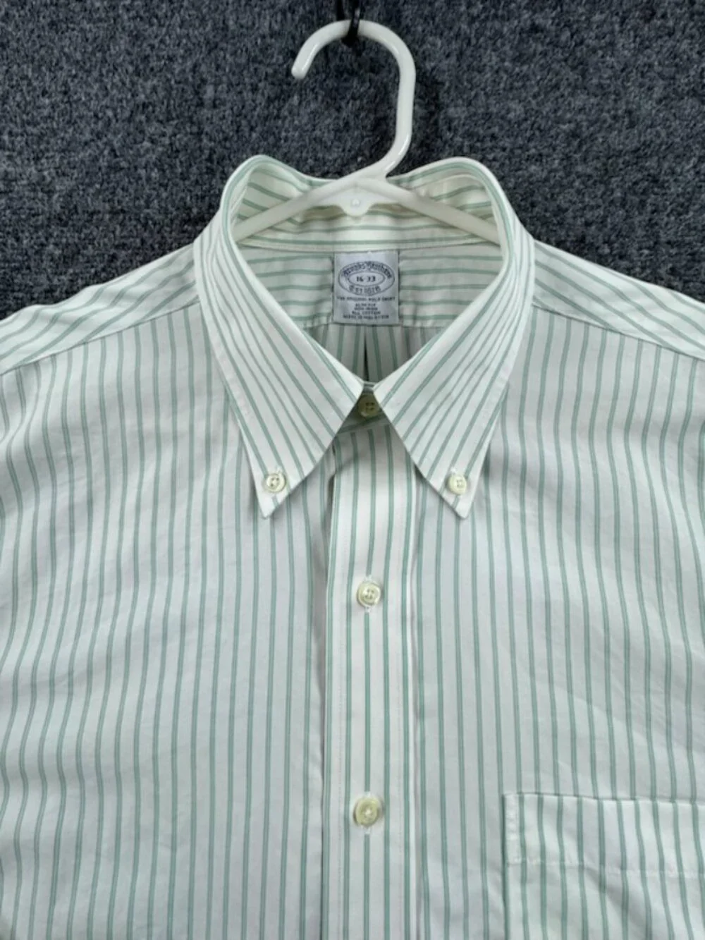 Brooks Brothers White Green 16 33 Slim Cotton Non-Iron Striped Button-Down Men